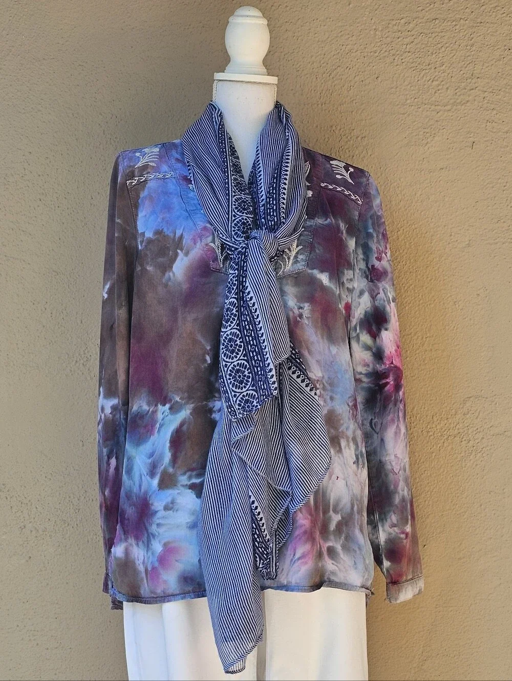 Semi Sheer Gauzy Mixed Print Blue & White Scarf